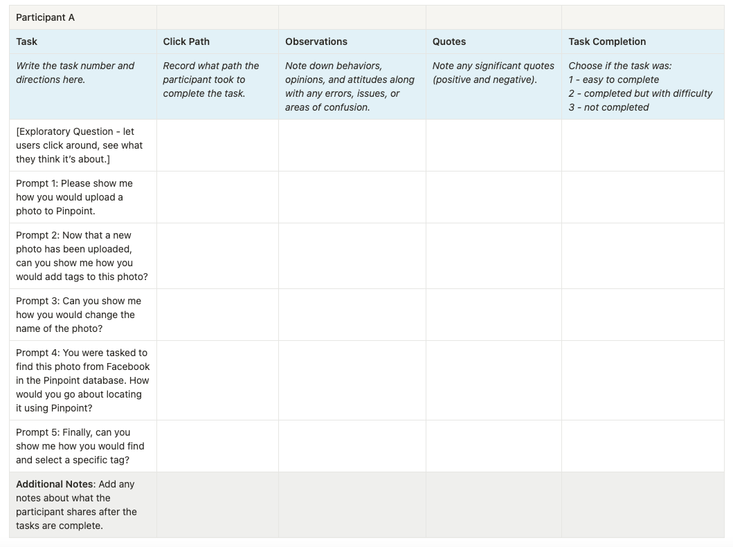 Screenshot of Pinpoint's User Testing Plan